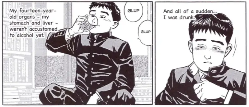 Panels from A Distant Neighbourhood by Jiro Tanigushi: the hero in the body of 14 year old boy is getting drunk