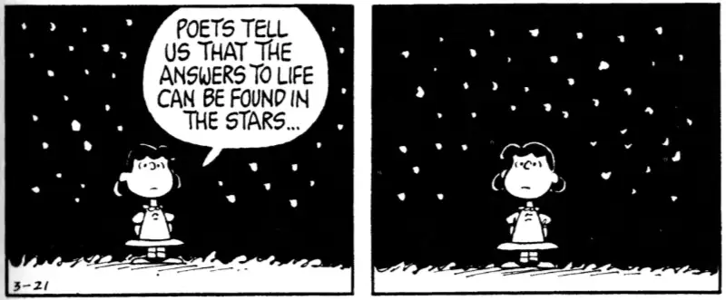 Philosophy Comics in Action: Panels from Peanuts by Schulz part 1: Lucie wonders about the meaning of life under the stars