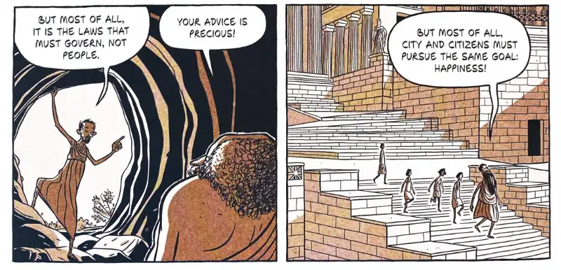 Two panels from Aristotle graphic novel: secret cave meeting about law and democracy, followed by Eudemus teaching amid Athens' monuments - visualizing Aristotle's political philosophy