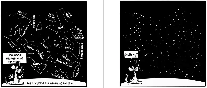 Two-page spread from The Labyrinth showing a rat observing stars with and without constellation patterns