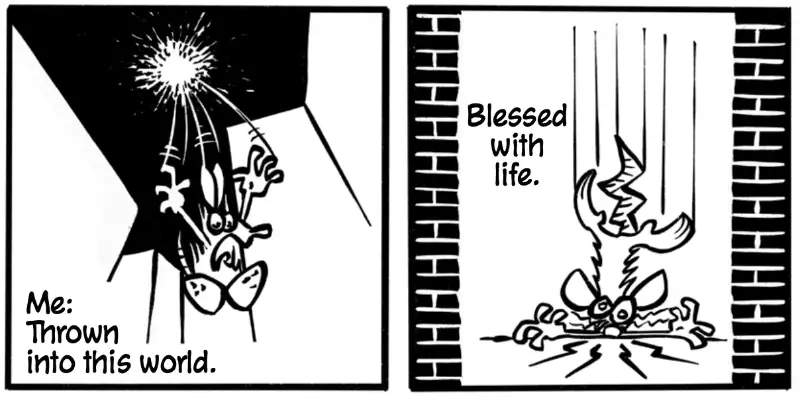 Philosophical comic panels from The Labyrinth showing a rat thrown into existence with ironic text about being blessed with life