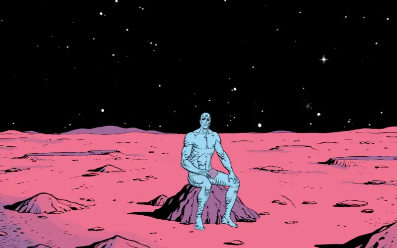 Dr. Manhattan on Mars contemplating humanity in iconic panel from Watchmen graphic novel