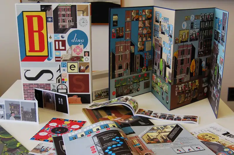 Complex box collection of Building Stories showing various comics formats exploring philosophical questions about narrative