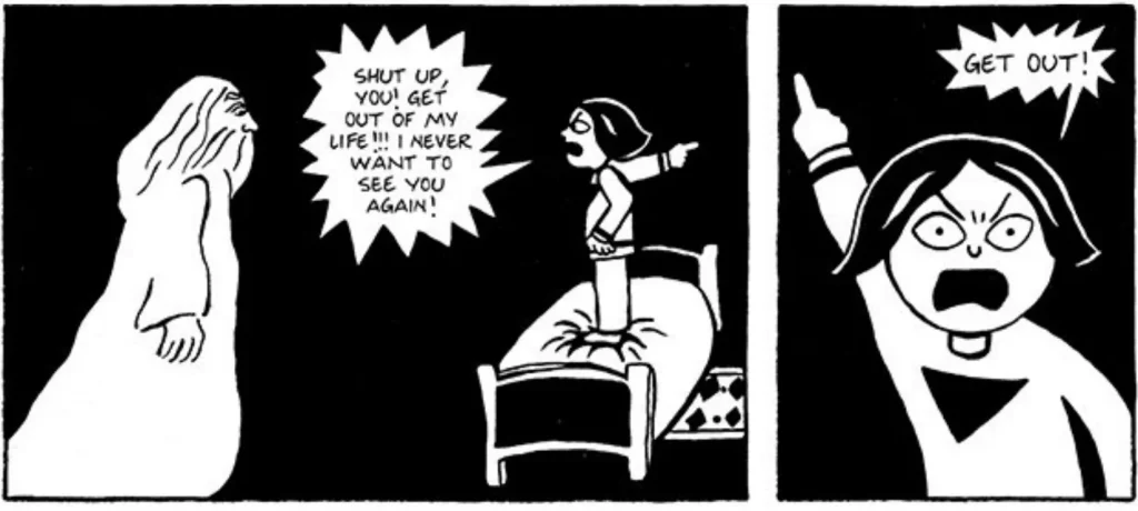 Young girl character from Persepolis comic shouting at God, exploring philosophical questions about authority