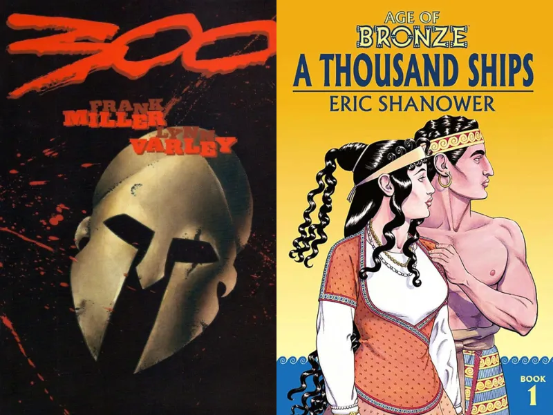 Book covers of 300 by Frank Miller and Age of Bronze by Eric Shanower showing mature Greek mythology graphic novels