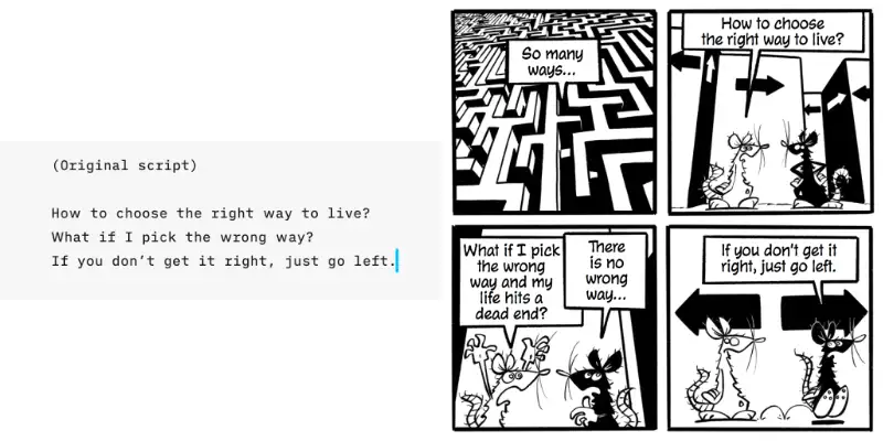 Graphic novel creation dialogue example showing script text transformation into character conversation between white and black rats in The Labyrinth