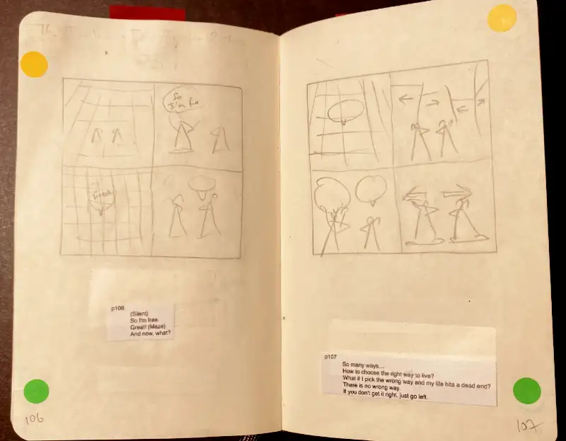 Moleskine notebook layout pages showing graphic novel creation planning process with panel thumbnails and text placement for The Labyrinth graphic novel