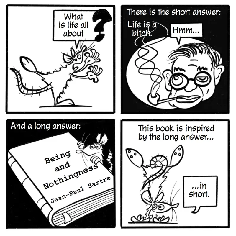 First four-panel page of The Labyrinth graphic novel showing philosophical concept development for graphic novel creation with Sartre's Being and Nothingness theme