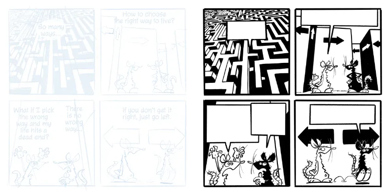 Before and after comparison showing rough sketch to final inked page transformation in graphic novel creation production process