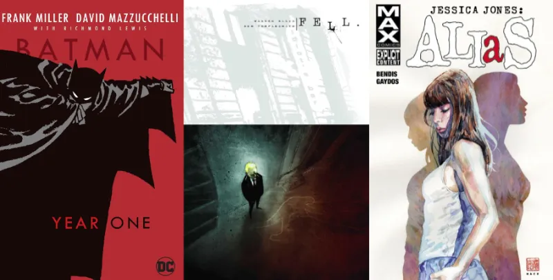 Book covers of genre-bending noir comics Batman Year One, Fell, and Alias showing superhero and psychological noir variations