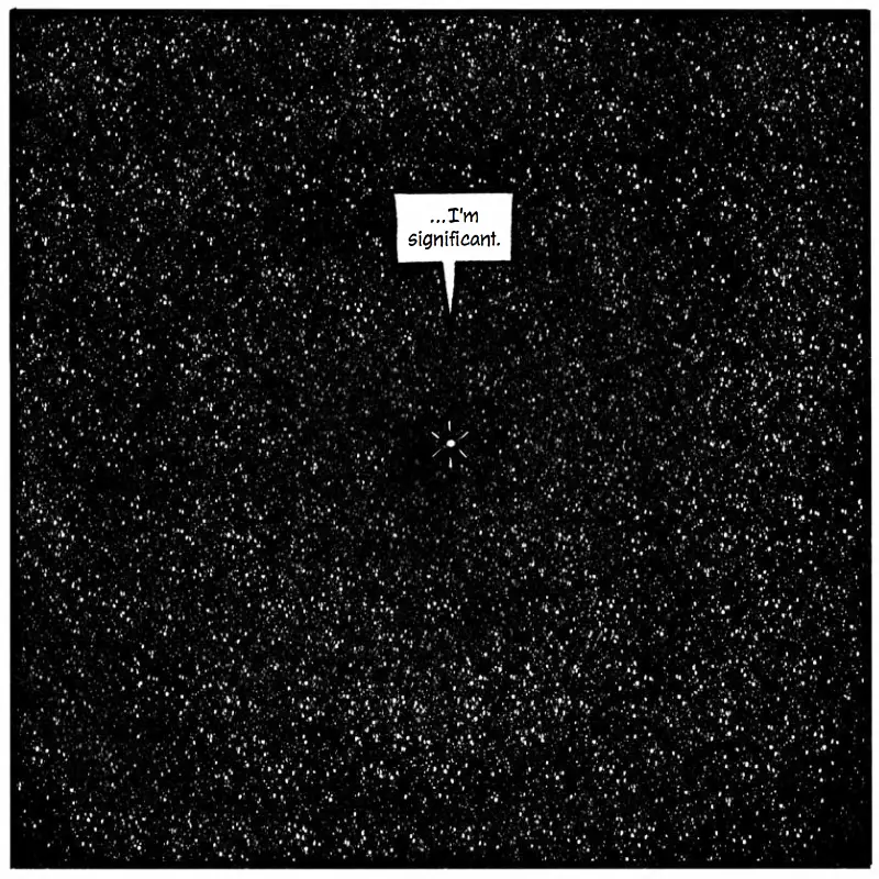Comic panel from The Labyrinth showing vast starfield with speech bubble saying 'I'm significant', illustrating Stoic cosmic perspective meditation technique