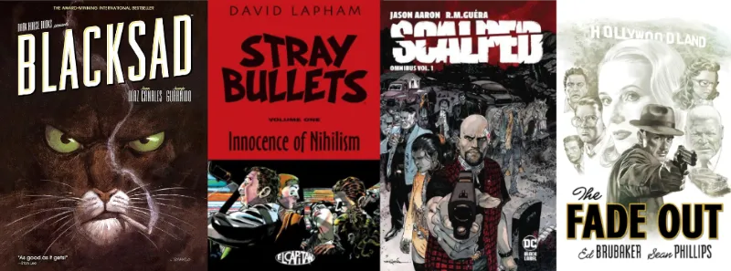 Book covers of modern noir comics Blacksad, Stray Bullets, Scalped, and The Fade Out representing contemporary philosophical crime stories
