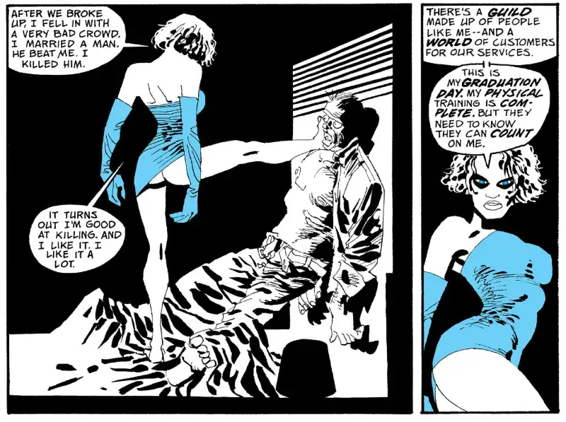 Two panels from Frank Miller's Sin City noir comic showing femme fatale character in stark black and white art style with additional blue