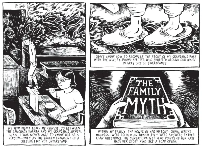 Feeding Ghosts graphic memoir panel by Tessa Hulls showing family photo album with caption about reconciling grandmother's past with present reality