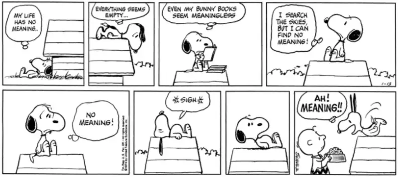 Panels from Peanuts by Charles M. Schulz: Snoopy the dog searches for life's meaning