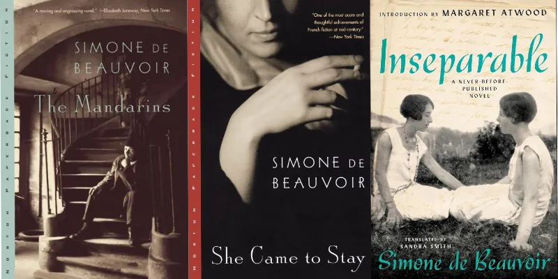 Book covers of three Simone de Beauvoir novels — The Mandarins, She Came to Stay, and The Inseparables
