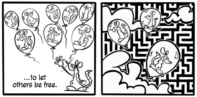 Two panels from The Labyrinth graphic novel illustrating Simone de Beauvoir's philosophy of freedom — a rat releases balloons carrying other rats, which float freely over the labyrinth below