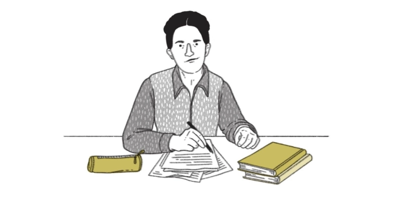 Interior page from the Korbik and Bernhard graphic novel showing Simone de Beauvoir writing at her desk, rendered in a clean illustrative style