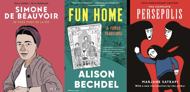 Book covers of three graphic novels exploring Simone de Beauvoir's philosophical themes — the Korbik and Bernhard biography, Fun Home by Alison Bechdel, and Persepolis by Marjane Satrapi