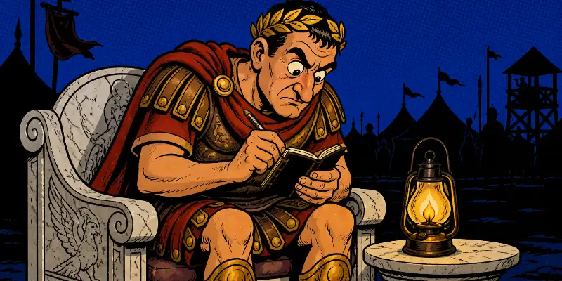 Marcus Aurelius books—a cartoony illustration of the Roman emperor writing his Meditations by lamplight in a military camp, rendered in 1950s comics style