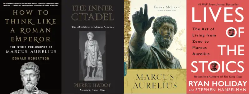 Secondary Marcus Aurelius books—covers of How to Think Like a Roman Emperor, The Inner Citadel, and Marcus Aurelius: A Life