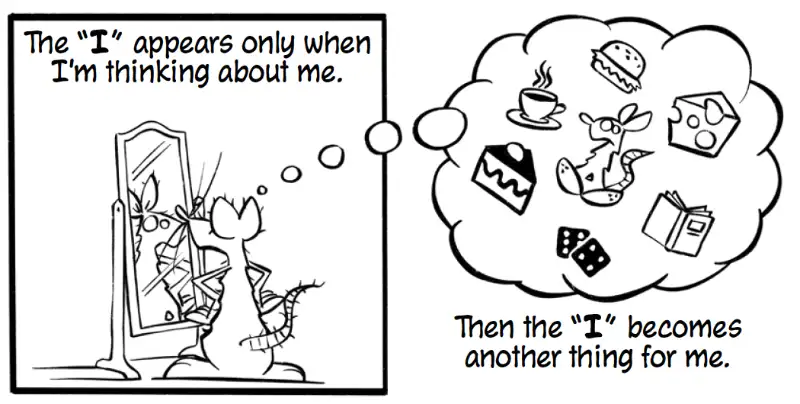 Two panels from The Labyrinth exploring the nature of self—a bordered panel showing a rat seeing himself in a mirror, and a thought-bubble-shaped panel showing the rat among everyday objects, demonstrating how panel shape conveys philosophical meaning in comics