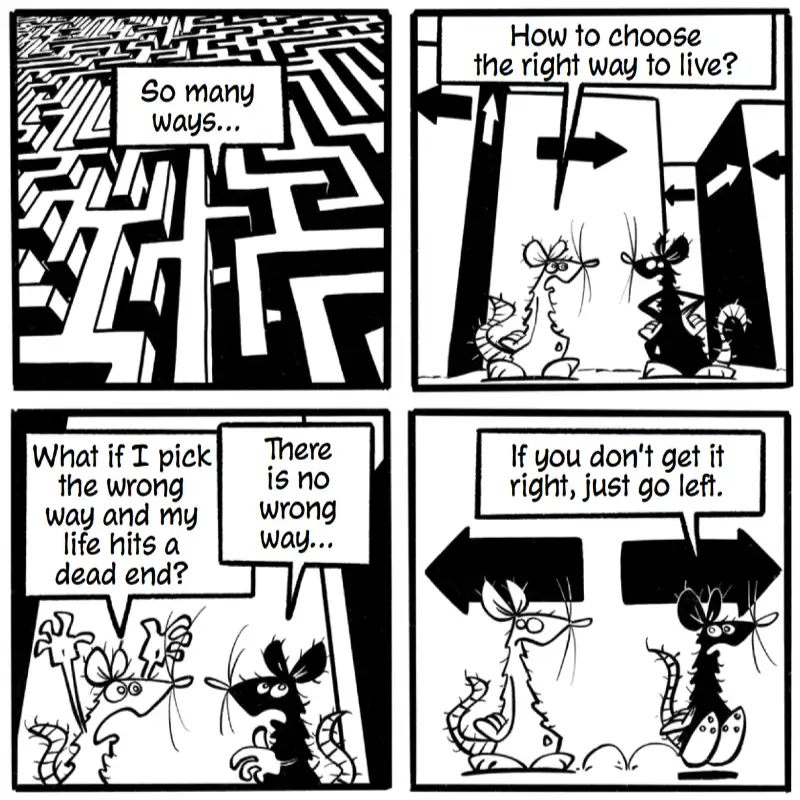 Panel from The Labyrinth graphic novel showing philosophical allegory through rat characters
