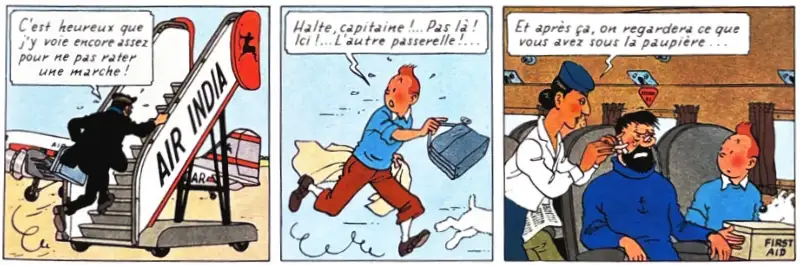 Three-panel tier from Hergé's Tintin in Tibet showing closure in comics—Captain Haddock running up stairs to a plane, Tintin warning him, then both seated inside with a stewardess tending to Haddock's bruises, the fall never shown but vividly implied