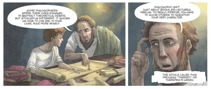 Two panels from Verissimus graphic novel showing young Marcus Aurelius learning from his Stoic teacher about practical philosophy versus abstract theory