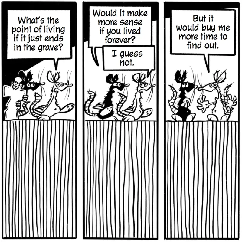 Two rats in The Labyrinth debate whether life has meaning if it ends in death, visual philosophy on mortality