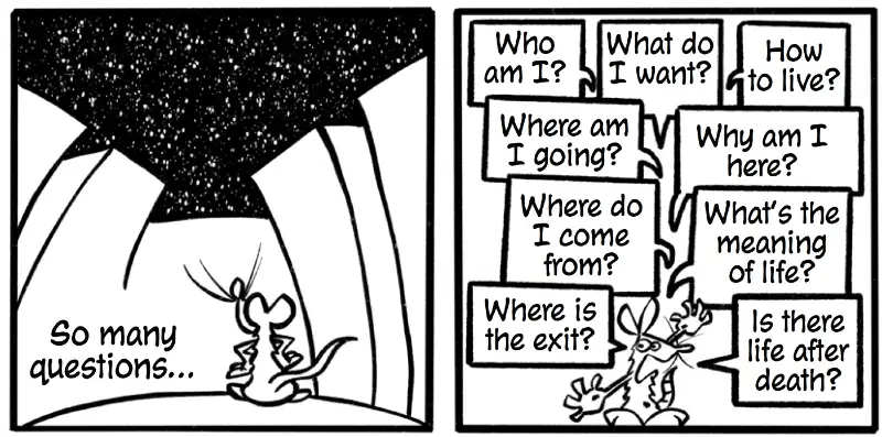 Two panels from The Labyrinth showing a rat under a starry sky of questions, then crushed beneath a pile of existential questions.