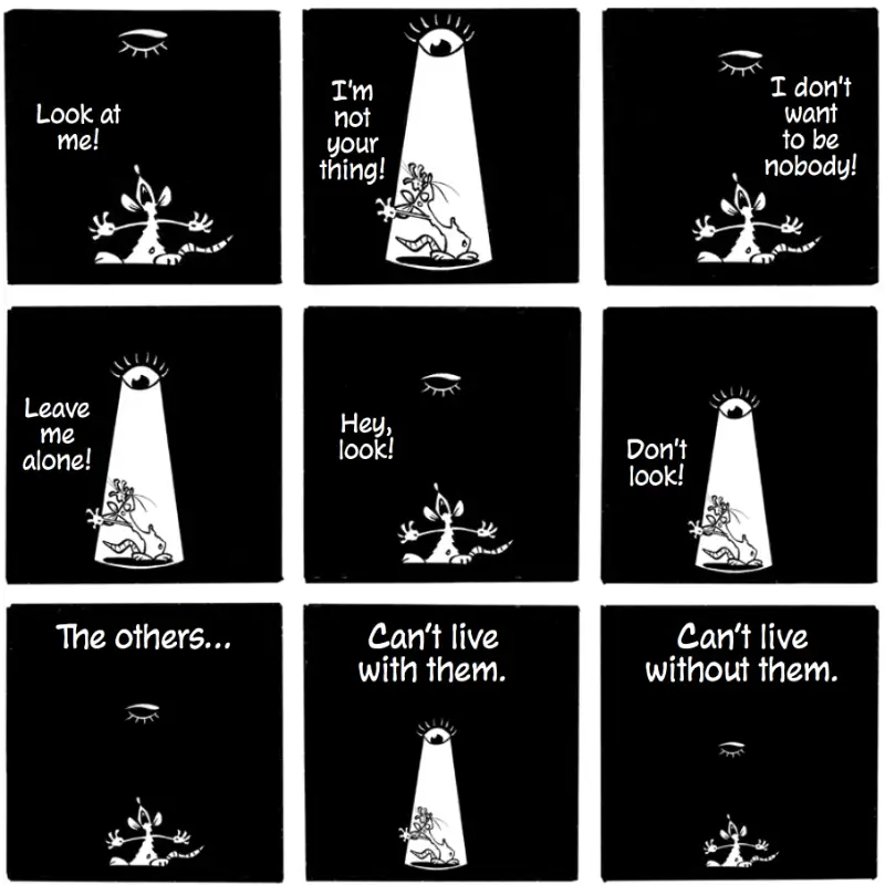Nine-panel grid from The Labyrinth showing a rat under an opening and closing eye, illustrating Sartre's gaze of the Other.