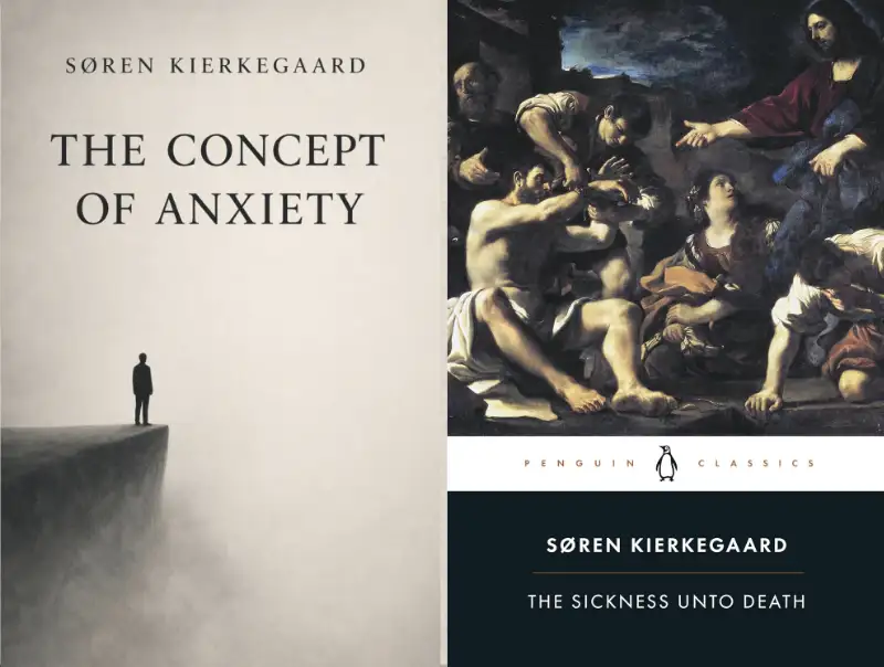 Covers of The Concept of Anxiety and The Sickness Unto Death by Kierkegaard, his deepest explorations of anxiety, despair, and selfhood