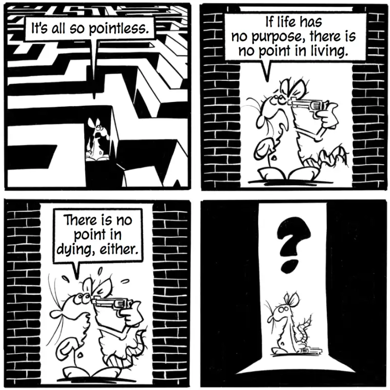 Four-panel page from The Labyrinth where a rat confronts meaninglessness, reasoning that if life has no purpose neither does death