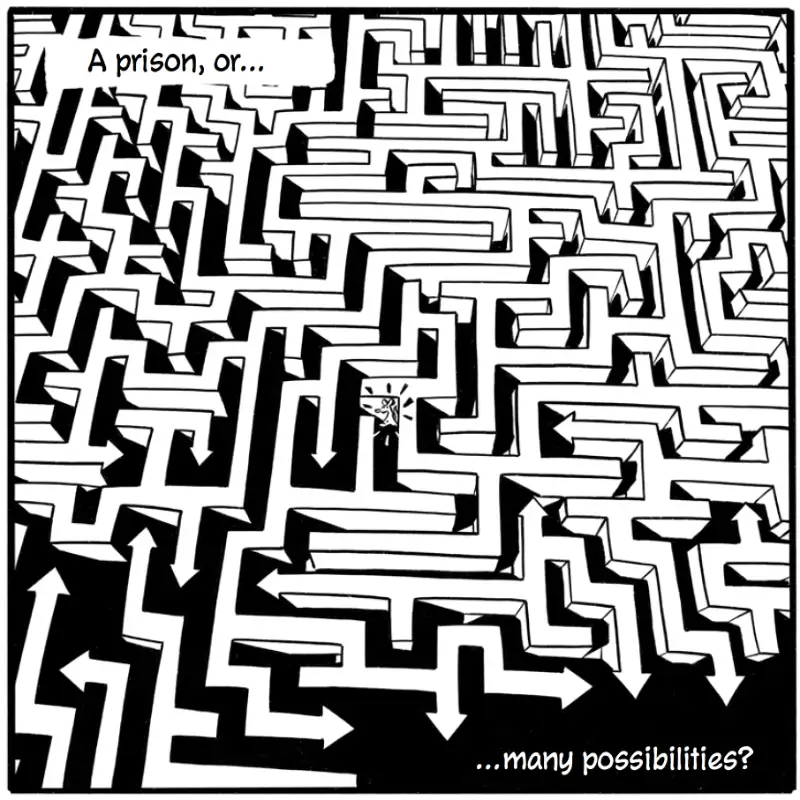 Splash page from The Labyrinth of a lone rat in a maze whose walls become arrows, illustrating Sartre's paradox of freedom