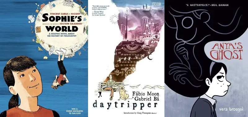 Book covers of Sophie's World, Daytripper, and Anya's Ghost philosophical graphic novels
