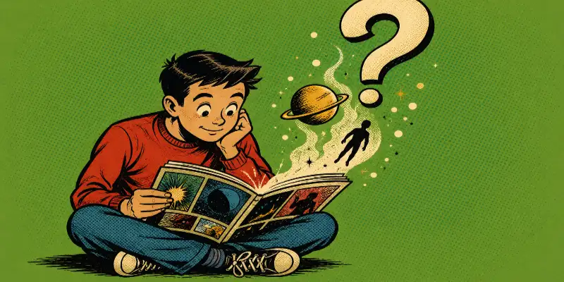 Teen reading a graphic novel with philosophical questions rising from the pages, retro comic style
