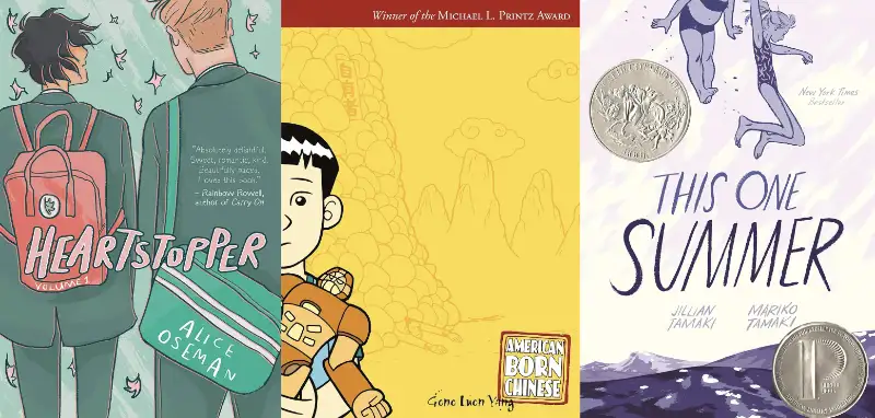 Book covers of Heartstopper, American Born Chinese, and This One Summer coming-of-age graphic novels