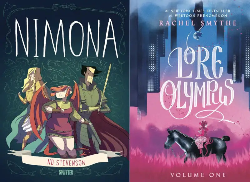 Book covers of Nimona and Lore Olympus mythology and fantasy graphic novels