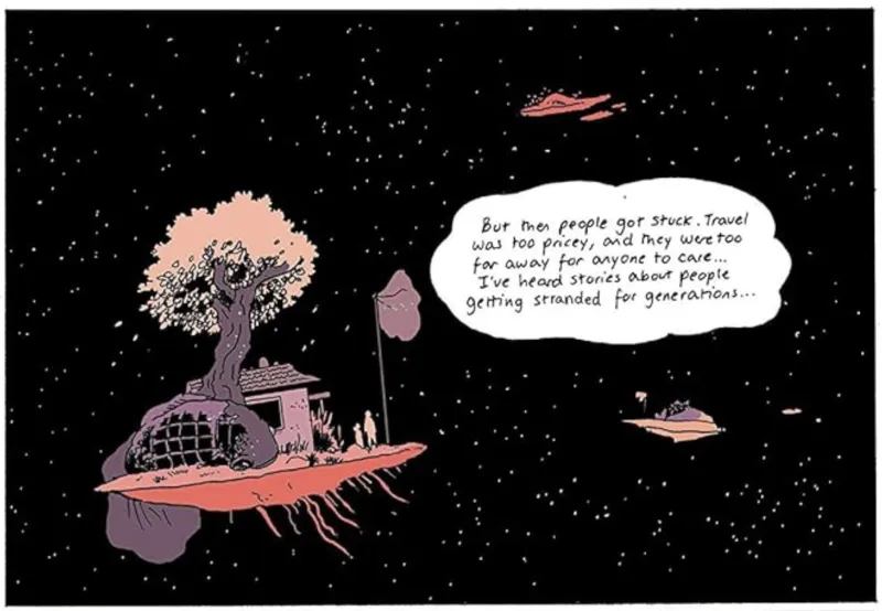 Panel from On a Sunbeam by Tillie Walden showing LGBTQ sci-fi romance in deep space