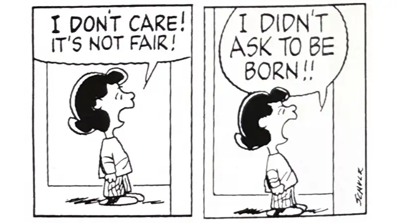 Two Peanuts panels of Lucy shouting in frustration, the strip that pulled me into comics as a young reader